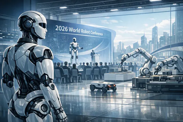 Humanoid robots performing industrial tasks in a stylized illustration of China’s robotics industry