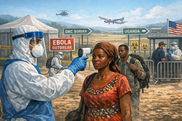 World map highlighting the cross-border Bundibugyo Ebola outbreak in Central Africa, connecting the Democratic Republic of the Congo and Uganda with infection path indicators