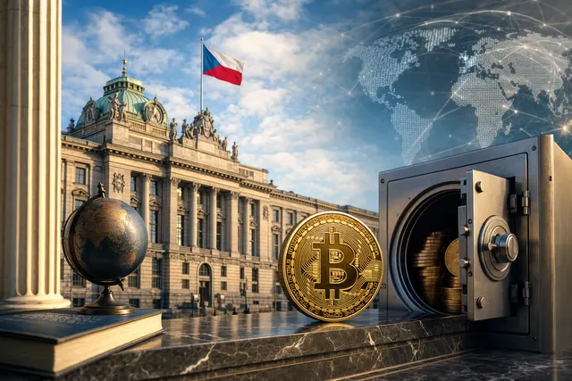 Ilustración de Bitcoin frente a un edificio de banco central que representa el debate sobre las reservas del Banco Nacional Checo.