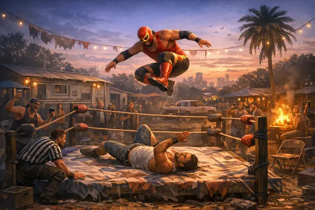 Stylized editorial illustration of a backyard wrestling ring inspired by GTA 6’s Leonida setting