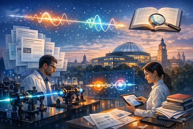 Abstract illustration of a single molecule on a crystal surface being probed by laser light, representing the quantum optical limit achieved by Max Planck researchers.
