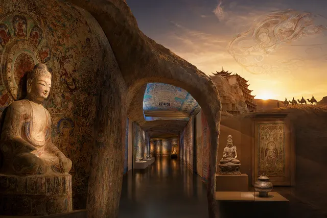 AI-generated illustration inspired by Dunhuang Buddhist cave art; not a photograph of the ACM exhibition