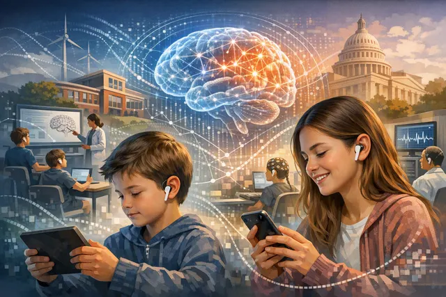 Conceptual illustration of brain-sensing earbuds and neural data surrounding a young person