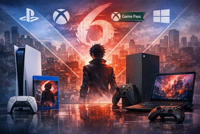Editorial illustration representing Persona 6's PS5 physical release and digital availability on Xbox and PC
