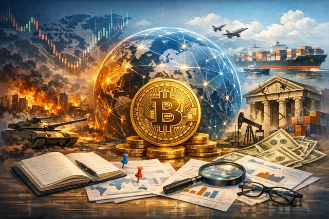 Bitcoin and global economic instability concept with Cathie Wood's bullish thesis illustration