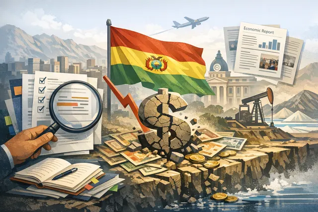 Bolivia's 2026 economic crisis: a symbolic illustration of the boliviano currency, protest roadblocks, and a devaluation chart