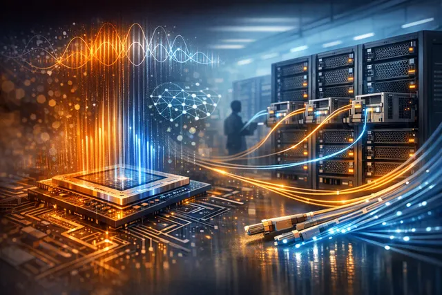 Abstract visualization of optical interconnects linking AI computing hardware with beams of light