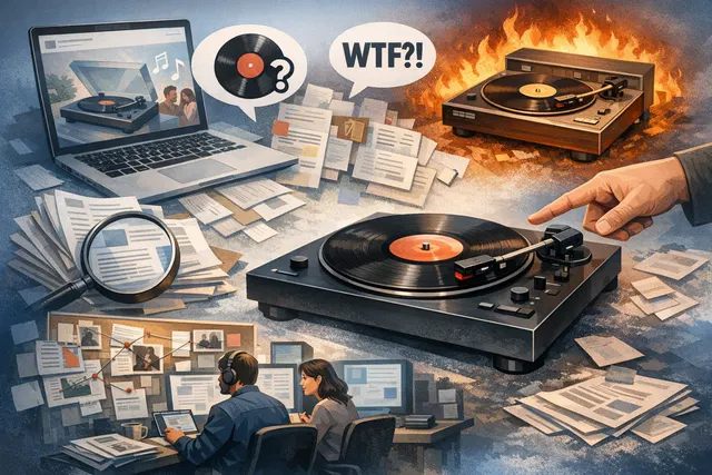 AI-generated image of a Sony PS-LX3BT vinyl turntable next to a stack of PlayStation game cases and a PS5 console, with a smartphone displaying social media backlash comments.