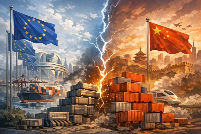 EU and China flags facing each other against a backdrop of shipping containers and trade vessels, symbolizing escalating trade tensions