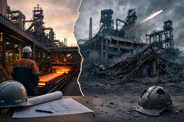 AI-generated editorial illustration accompanying coverage of the ArcelorMittal Kryvyi Rih shutdown