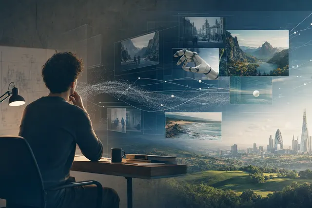 Abstract editorial illustration representing AI simulation of the physical world