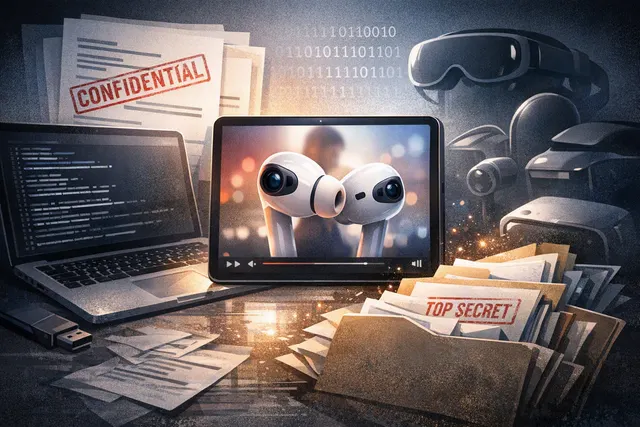 Conceptual illustration of camera-equipped AirPods using Visual Intelligence to recognize a book