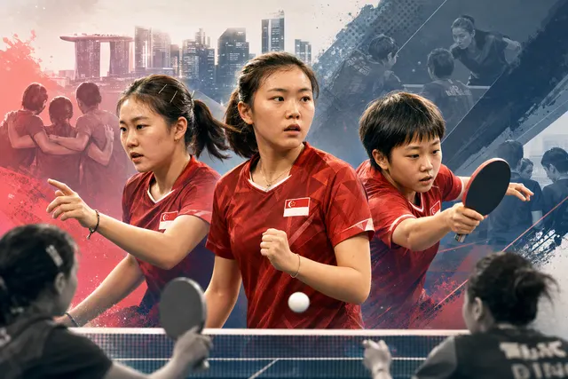 AI-generated table tennis illustration accompanying Singapore’s 2026 Asian Games women’s team upset of Hong Kong