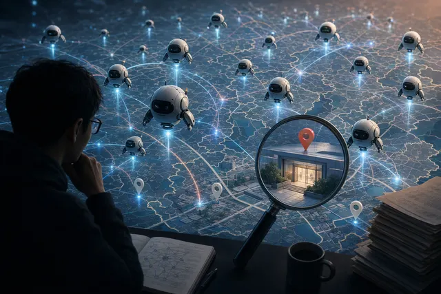 Illustration of AI agents querying a digital map through an intermediary web scanner