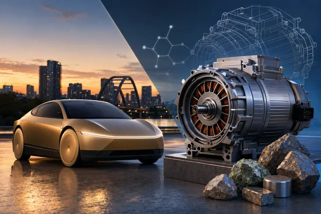 Editorial illustration of Tesla’s Cybercab and an electric drive unit