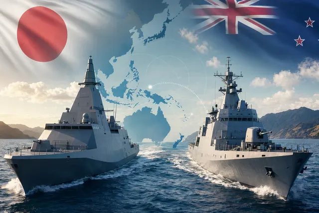 Editorial illustration of modern frigates at sea representing New Zealand’s Mogami versus Type 31 decision