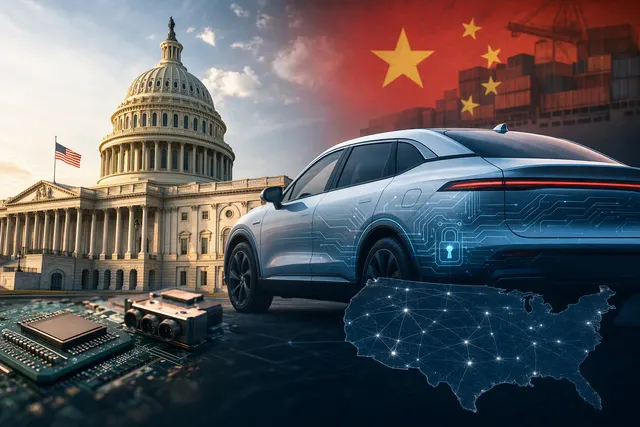 Editorial illustration of a connected vehicle and U.S.-China automotive policy restrictions