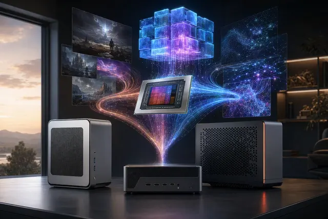 Editorial illustration of compact AMD Ryzen AI Max+ computers for local AI workloads