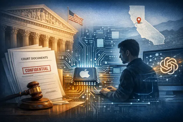 Abstract editorial illustration representing Apple and OpenAI trade-secret allegations involving a circuit schematic and an AI agent