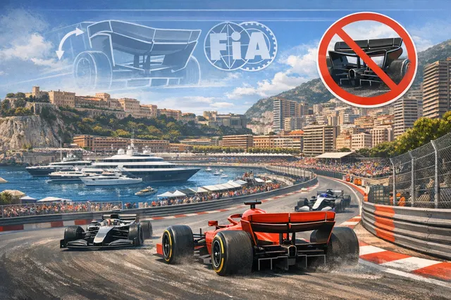 FIA safety restrictions icon over Monaco Grand Prix circuit layout for 2026 active aero and engine mapping ban