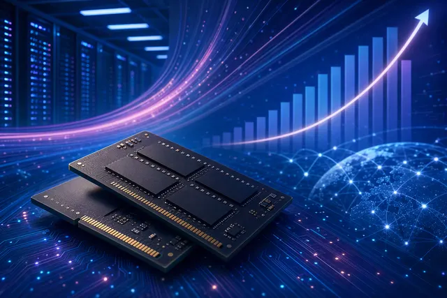 AI-generated editorial illustration representing memory chips and semiconductor manufacturing