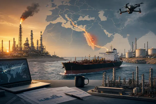 Editorial illustration of oil infrastructure and crude tanker logistics after a Saudi pipeline disruption