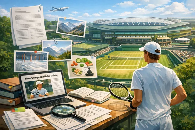Jannik Sinner during a practice session ahead of a Wimbledon match, wearing his white competition kit and cap.