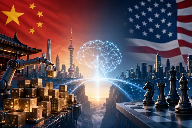 Editorial illustration representing competition between Chinese and US AI models