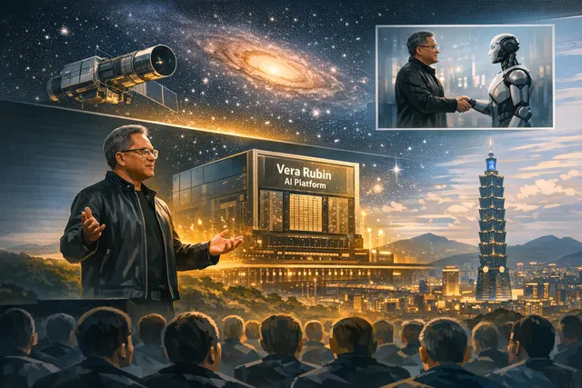 Nvidia CEO Jensen Huang at Computex 2026, highlighting the Vera Rubin AI platform and SK hynix HBM memory partnership.