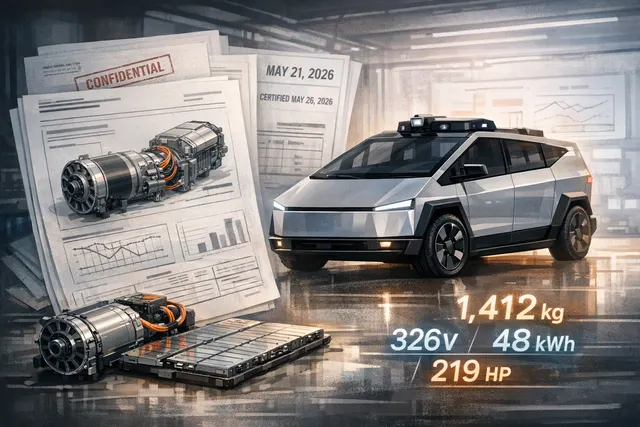 Tesla Cybercab front-angle render with a 3,113-lb curb weight, 219-hp front-wheel-drive motor, and 47.6 kWh battery pack revealed in leaked EPA documents.