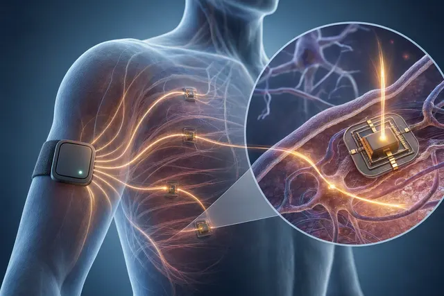 AI-generated illustration accompanying an article about communication between wearable devices and tiny implants through body tissue