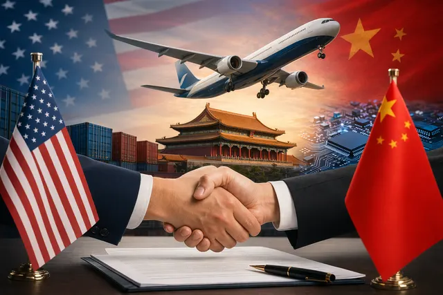 Illustration of Donald Trump and Xi Jinping meeting during a Beijing summit focused on trade discussions
