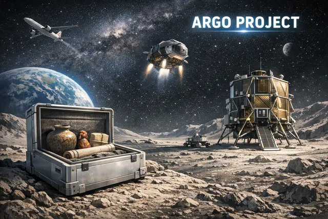 An artistic depiction of a lunar lander on the moon's surface with a crate labeled ARGO PROJECT containing Japanese cultural items, with Earth visible in the dark sky.