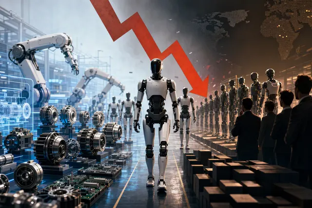 Editorial illustration of humanoid robots and their precision-component supply chain
