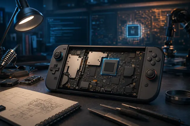 Editorial illustration representing Nintendo Switch 2 firmware analysis and console security research