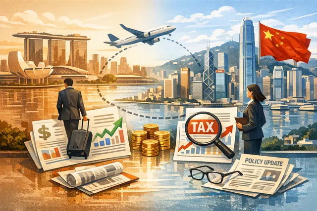 Abstract skyline with directional arrows from Singapore to Hong Kong, representing hedge fund talent shift