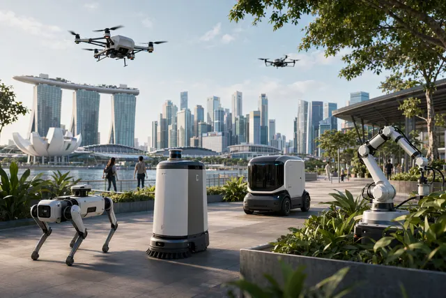 Concept illustration of robots operating in a smart urban district representing Singapore’s physical AI strategy