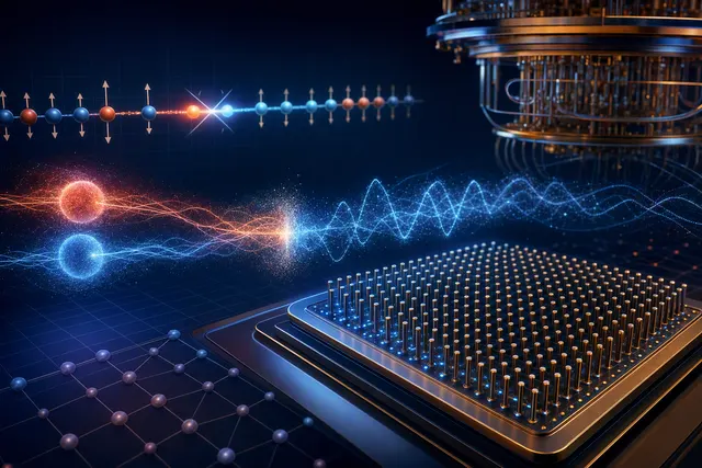 Illustration of a quantum processor simulating colliding particle wavepackets