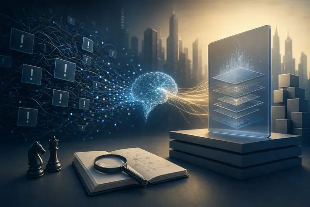 Editorial illustration of AI-powered cybersecurity and software vulnerability analysis