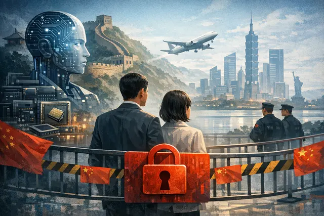 Illustration of a Chinese AI researcher restricted from international travel, symbolizing Beijing's expansion of exit controls on private-sector tech talent.
