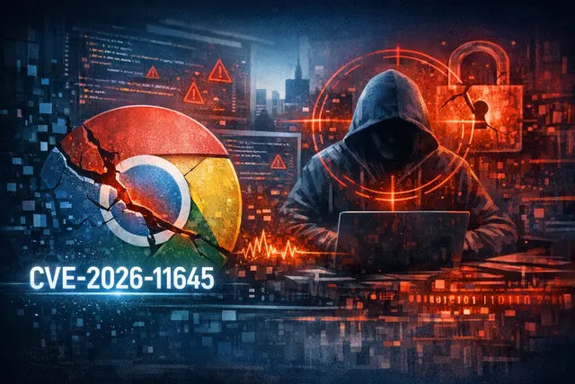 Conceptual security vulnerability alert illustration showing a digital padlock interface with warning indicators and a stylized Chrome browser window.