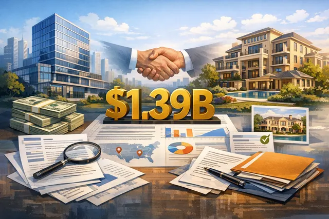 Abstract visualization representing the Bridgepoint Group and Kayne Anderson Real Estate acquisition deal structure, with financial metrics and corporate themes.