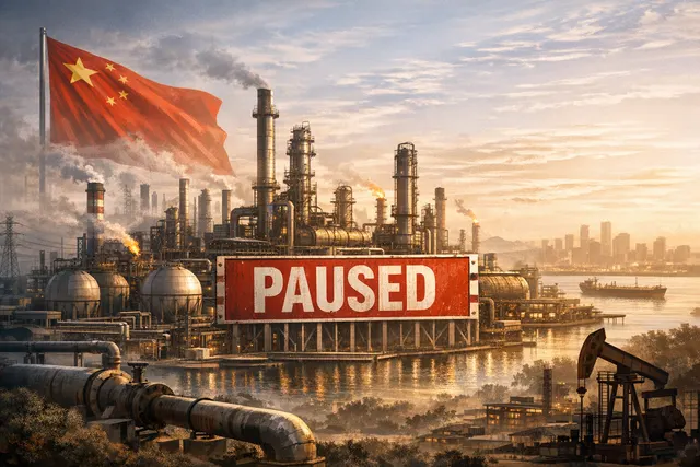 A conceptual rendering of an unfinished oil refinery at dusk with empty crude oil pipelines, symbolizing China's stalled refining projects due to the Strait of Hormuz energy crisis