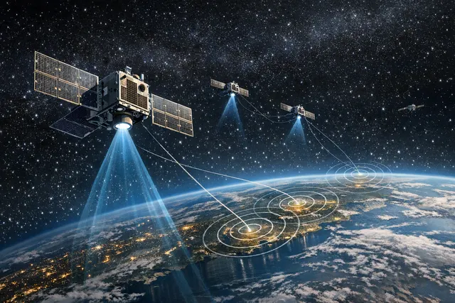 Illustration of three satellites in formation detecting radio-frequency signals over Earth