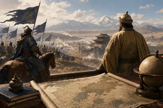 Editorial illustration accompanying an article about the Mongol conquest and the founding of the Yuan dynasty