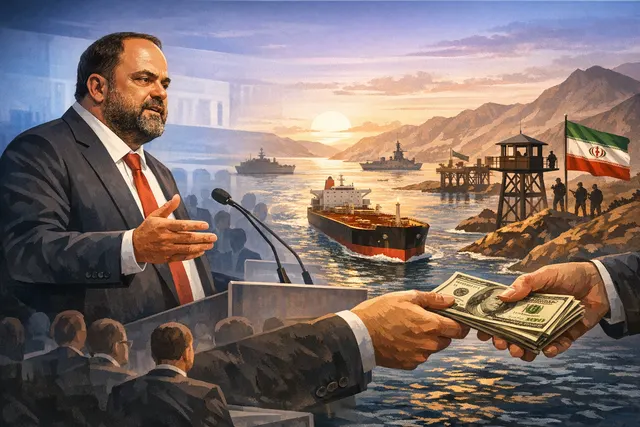 A container ship navigating a narrow strait with a superimposed toll gate icon and oil tankers in the background, representing the Strait of Hormuz transit fee debate.