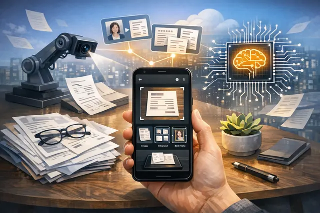 A smartphone scanning a multi-page document automatically over a digital grid, illustrating Google Drive's new AI-powered hands-free batch scanning feature.