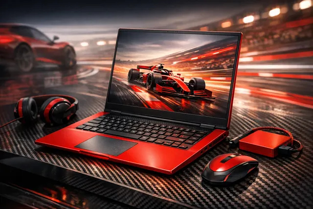 HP Limited Edition Scuderia Ferrari AI PC laptop in Rosso Magma red on a dark background with the Ferrari and HP logos visible.