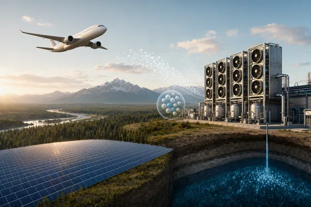 Illustration of direct air capture facility removing carbon dioxide from the atmosphere for aviation carbon removal