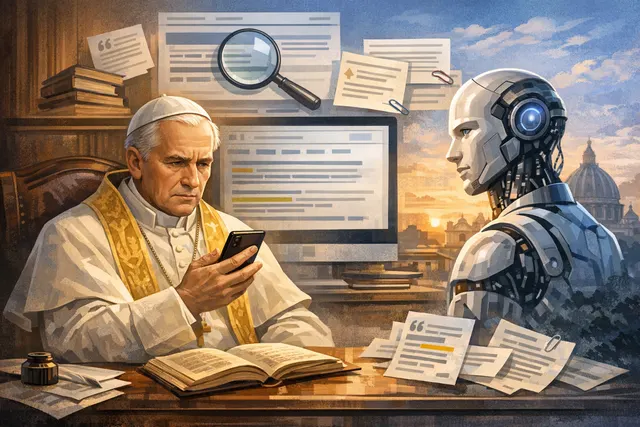 An editorial illustration depicting the Vatican and Pope Leo XIV with digital AI elements, reflecting the intersection of faith and artificial intelligence.